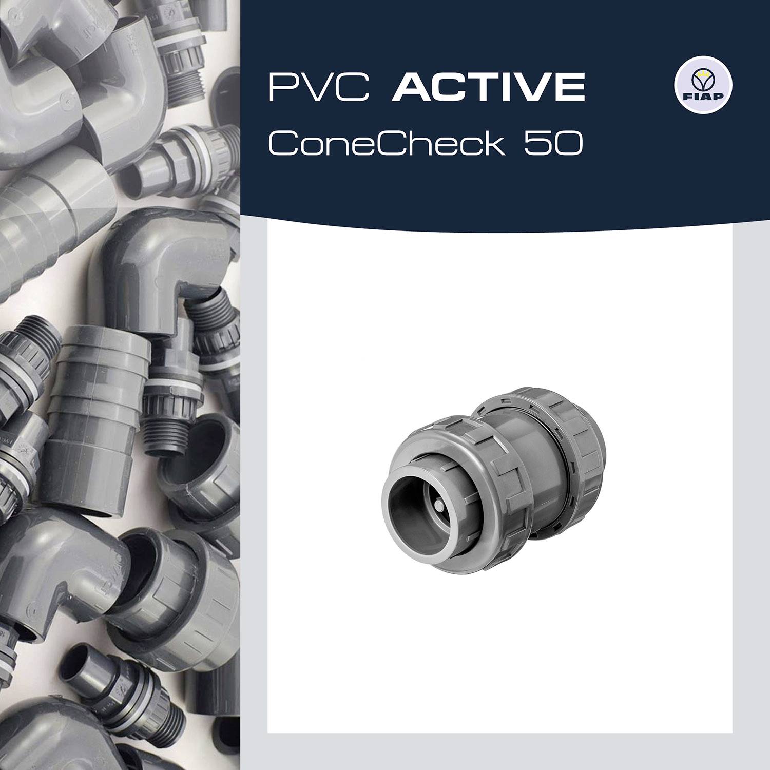 PVC cevi in spojniki na sivi podlagi. Besedilo levo: 'PVC ACTIVE ConeCheck 50'. Logotip zgoraj desno.