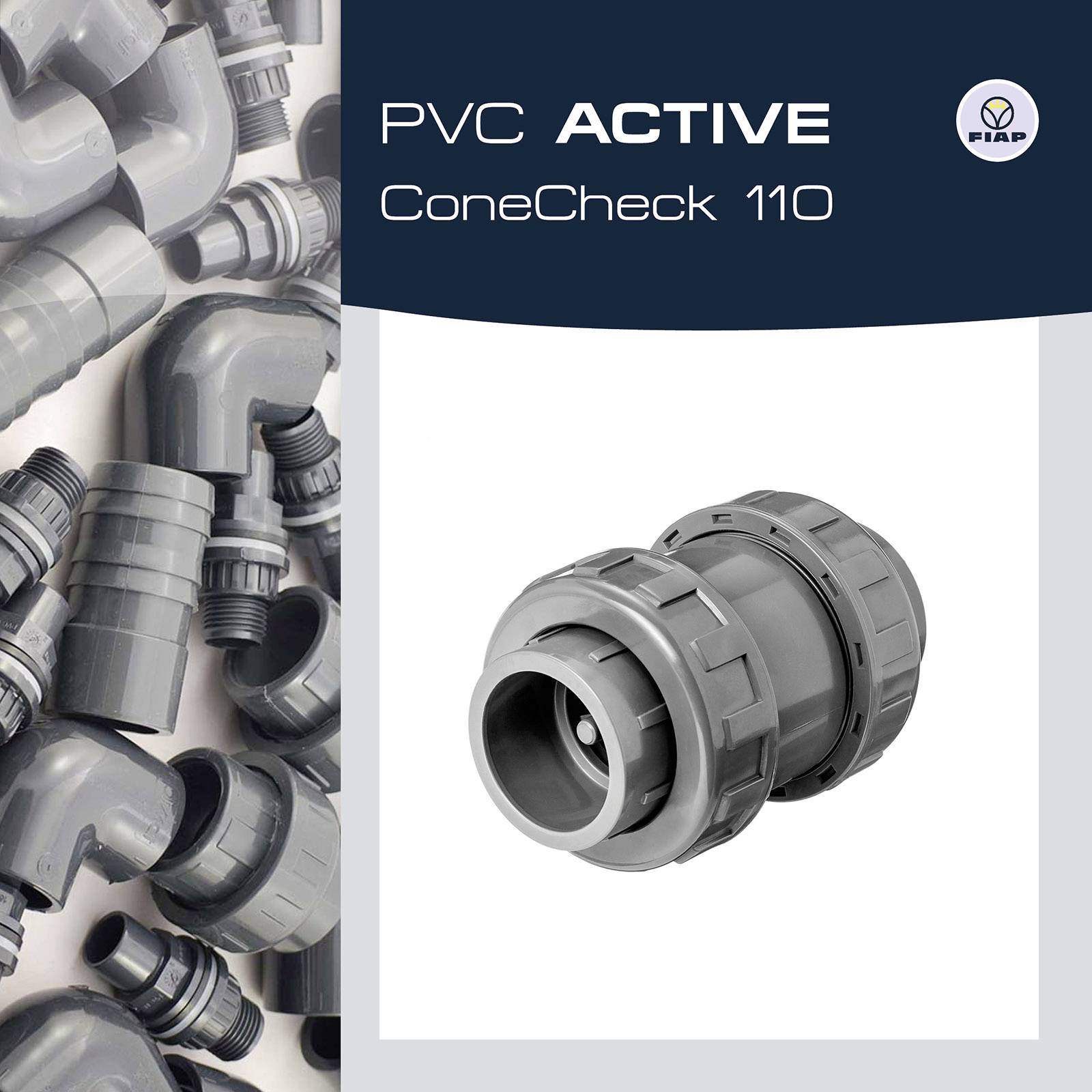 PVC cevne armature, vključno s koleni in spojnimi elementi, s poudarkom na posebnem adapterju 'ConeCheck 110'. Logotip blagovne znamke viden.