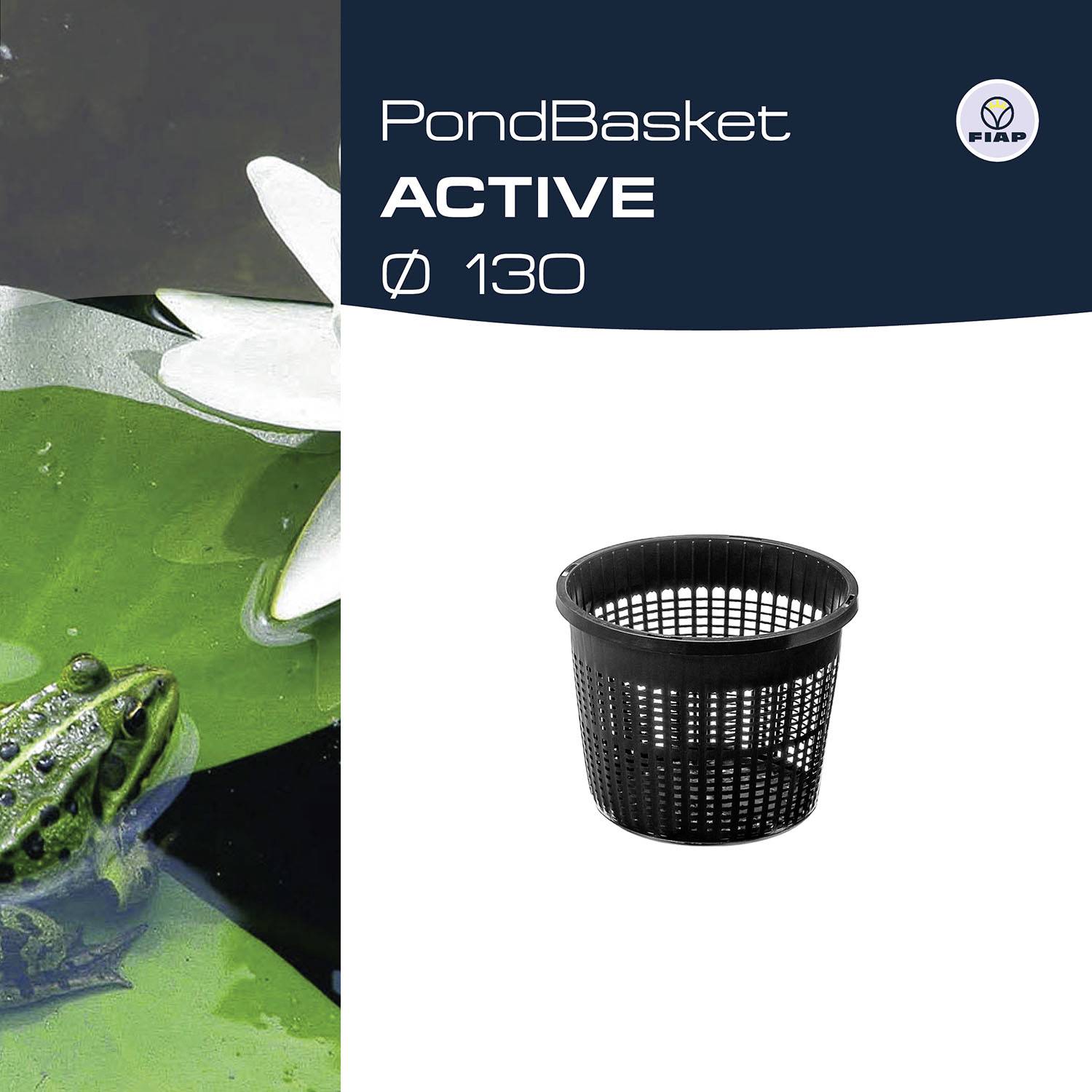'PondBasket Ø 130' prikazuje črno, cilindrično košasto strukturo. Levo na sliki je zelen žabec na listu lokvanja.