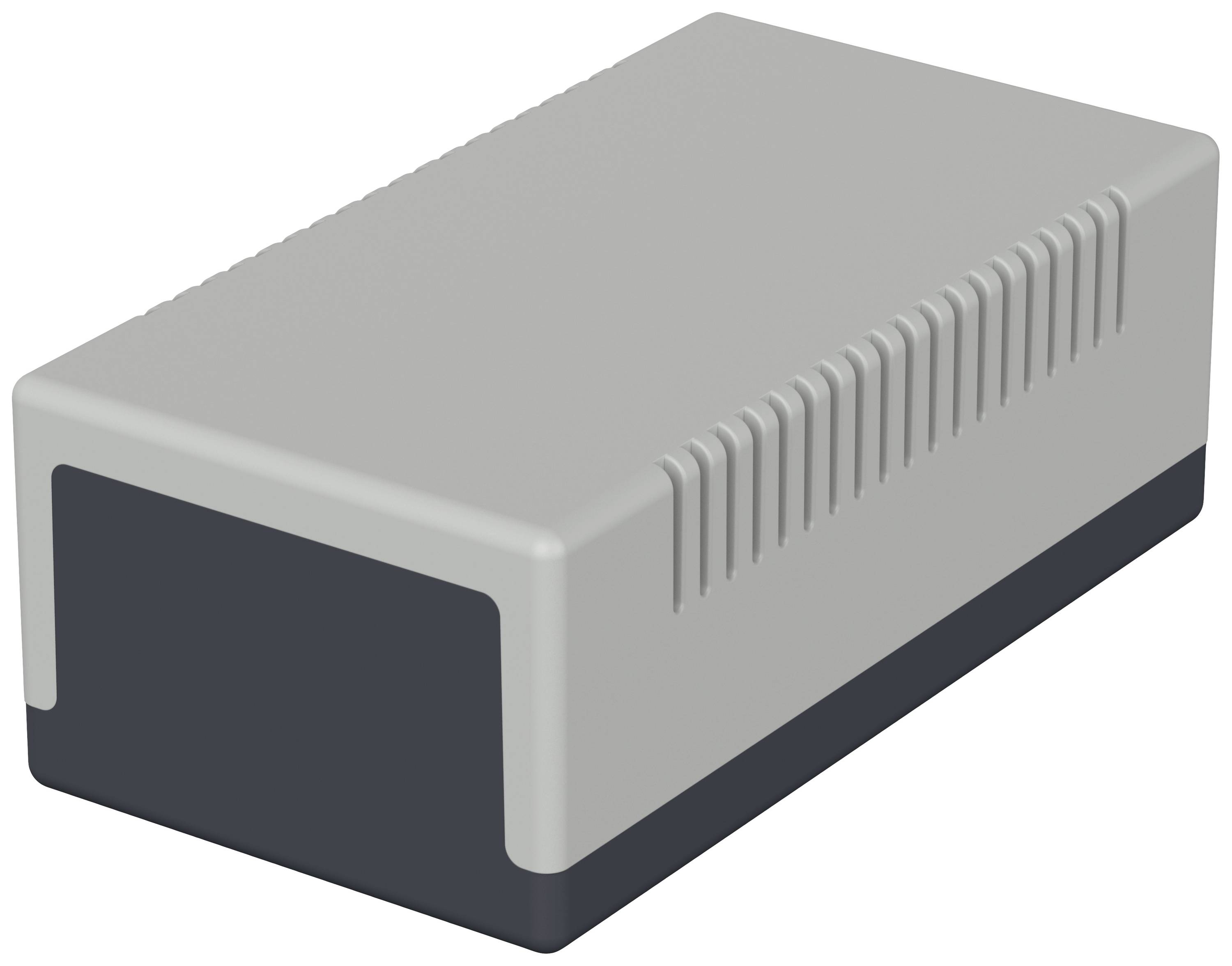 Siv, pravokoten elektronski ohišje z rebrasto stranmi. Uporablja se za namestitev elektronskih komponent.
