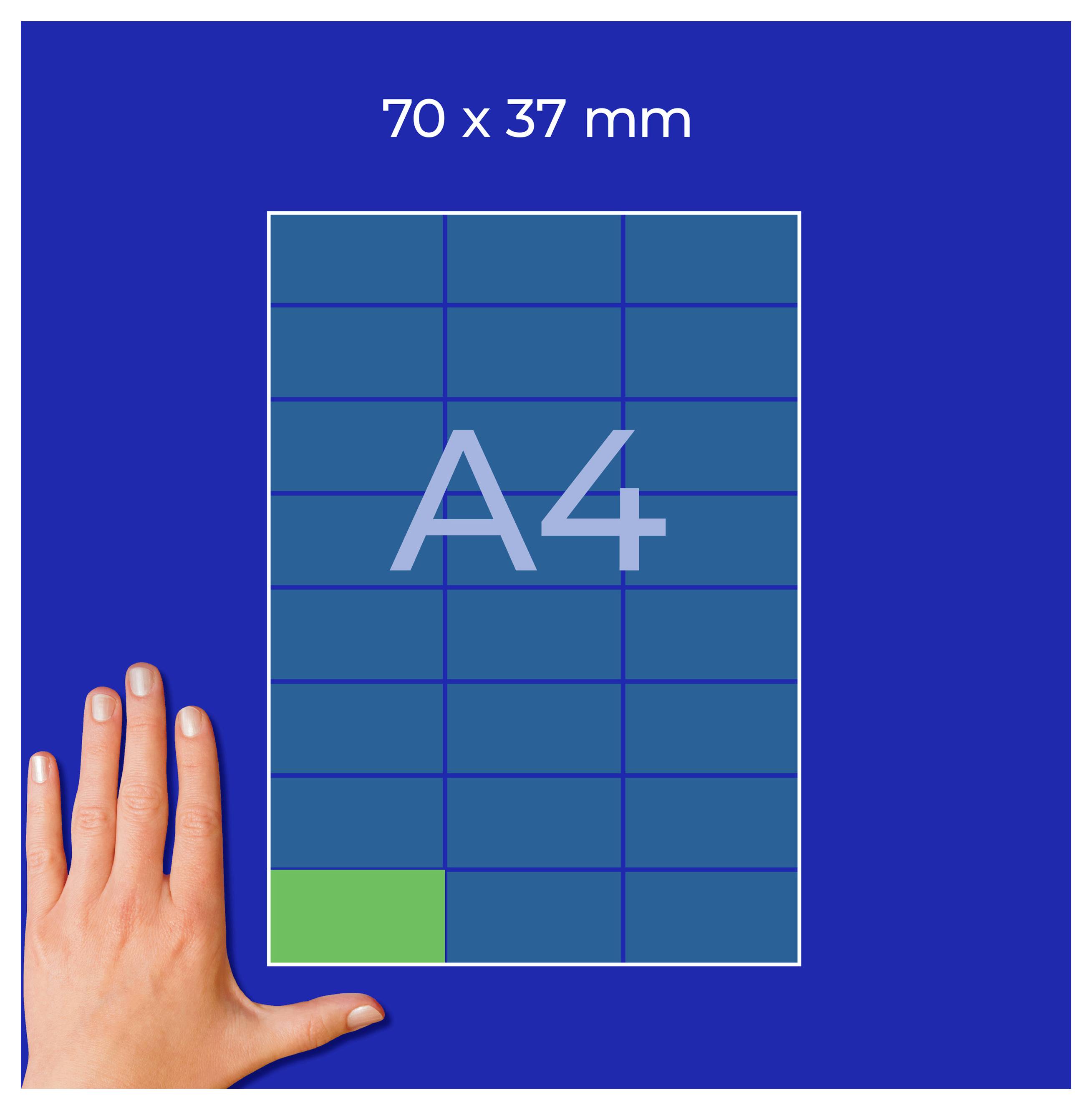 Predloga A4 z označenim območjem '70 x 37 mm'; roka kaže velikost v razmerju do strani.