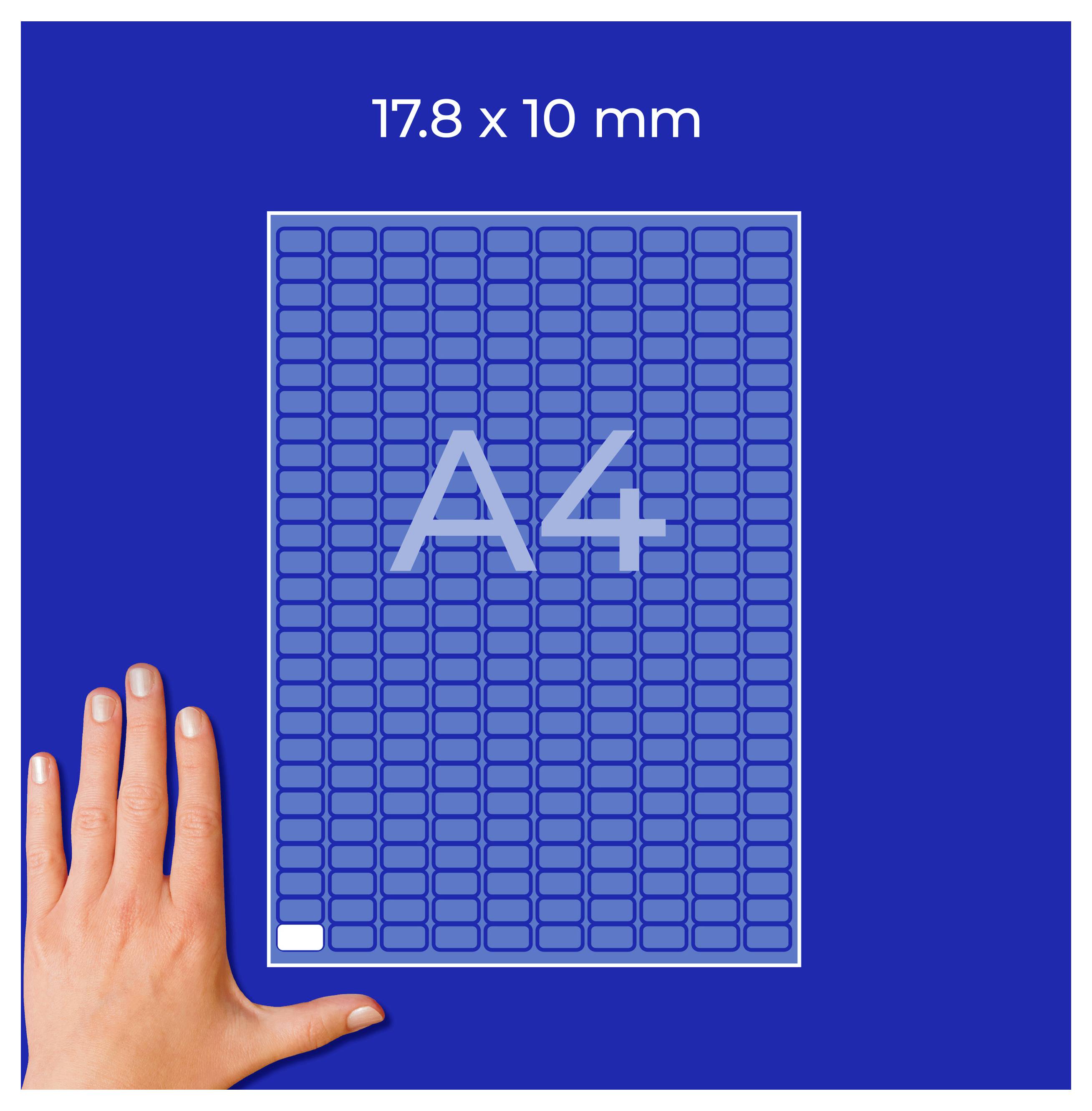 Format A4 z navedbo mer 17,8 x 10 mm; na levi strani roka za primerjavo velikosti.