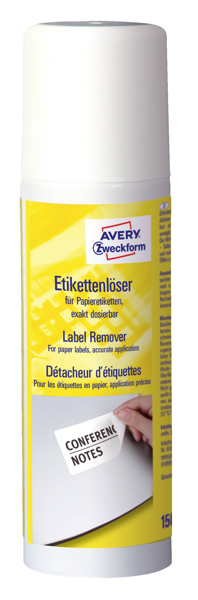 Valj z napisom 'Odstranjevalec nalepk' podjetja Avery Zweckform, primeren za odstranjevanje papirnatih nalepk in njihovo čisto brez ostankov odstranjevanje.