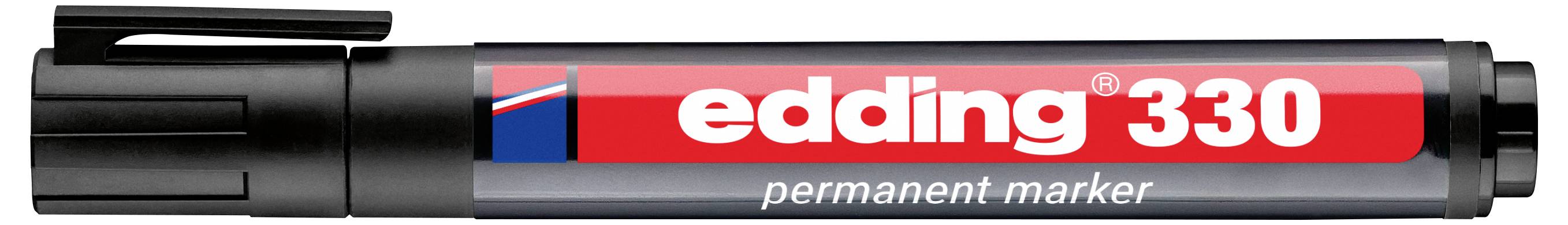 Črn trajni marker Black Edding 330 z rdečo etiketo in pokrovčkom, prikazan vodoravno na beli podlagi.