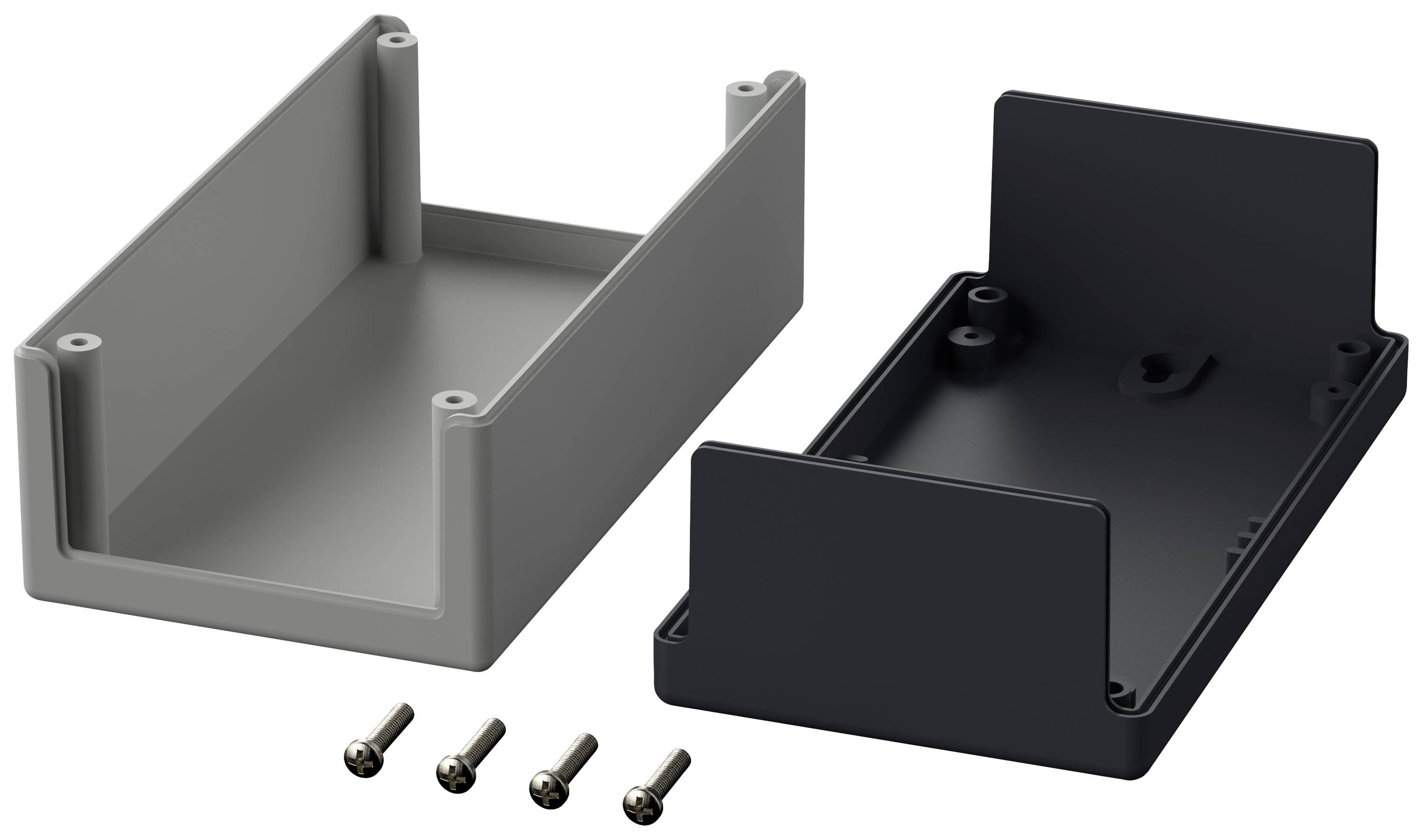 Dvodelen plastični ohišje, odprto, s štirimi vijaki. Ena stran je siva, druga črna.