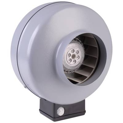 Ventilator v sivi ohišju, primeren za industrijske ali komercialne aplikacije. Glavna komponenta naprave je vidna.