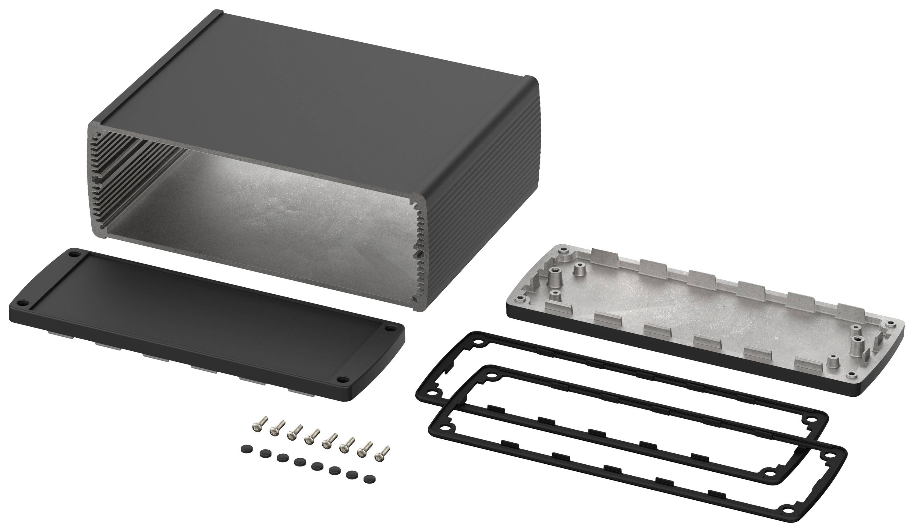 Črno aluminum ohišje, odprto; prikazuje dva pokrova, tesnila in vijake. Idealno za elektronske projekte.