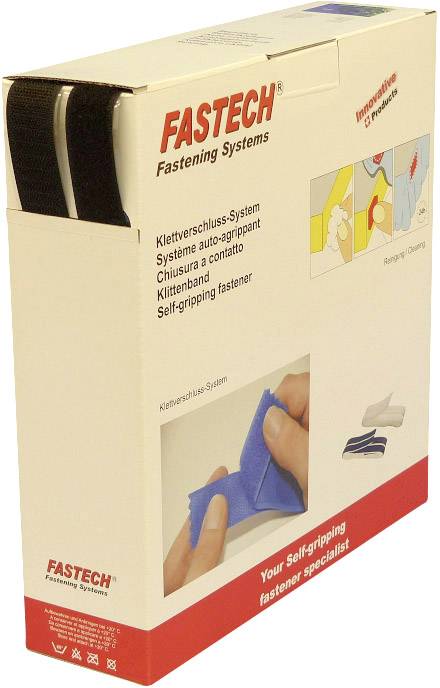 Embalaža 'FASTECH Fastening Systems' z naborom ježkov. Na sprednji strani prikazuje uporabo in primere izdelkov.