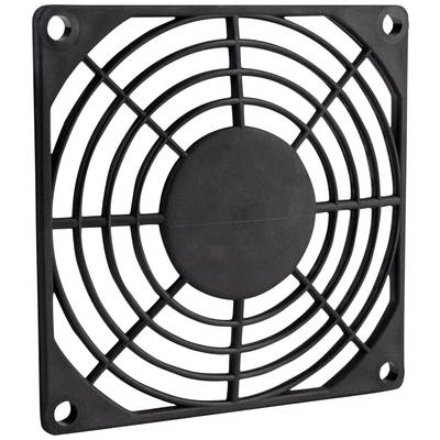 Črn ventilatorski rešetkast pokrov s kvadratnim okvirjem in okroglimi mrežastimi odprtinami, ki se uporablja za prekrivanje in zaščito ventilatorjev.