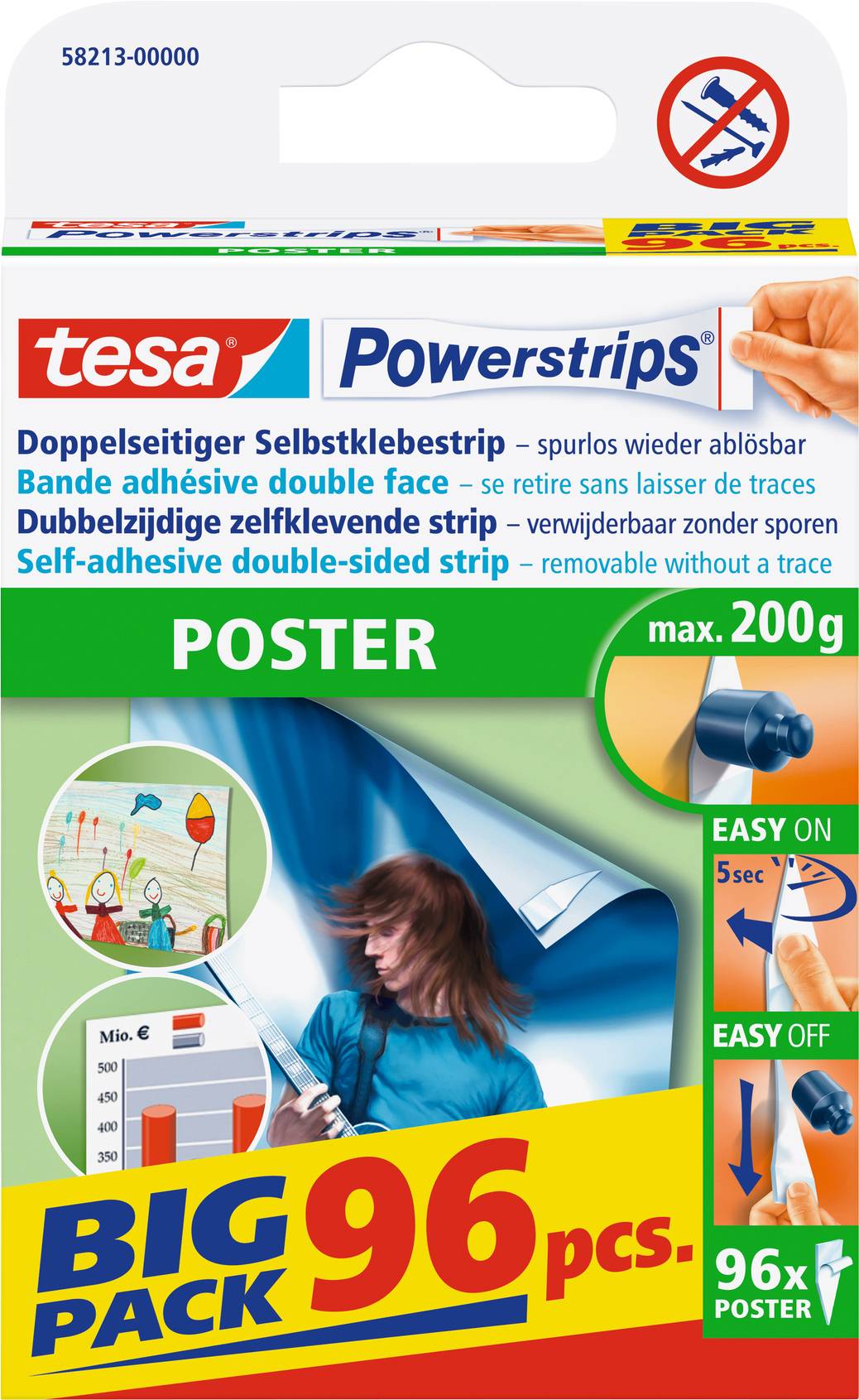 'tesa Powerstrips POSTER', obojestranskih samoljepilnih trakov, samoljepljivi, brez sledi odstranljivi, max. 200g, paket 96 kosov.