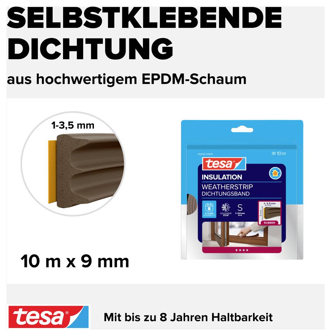 Samolepljiva tesnilna traka iz visokokakovostne EPDM-pene s sliko proizvoda, mere 10 m x 9 mm, obstoji do 8 let.