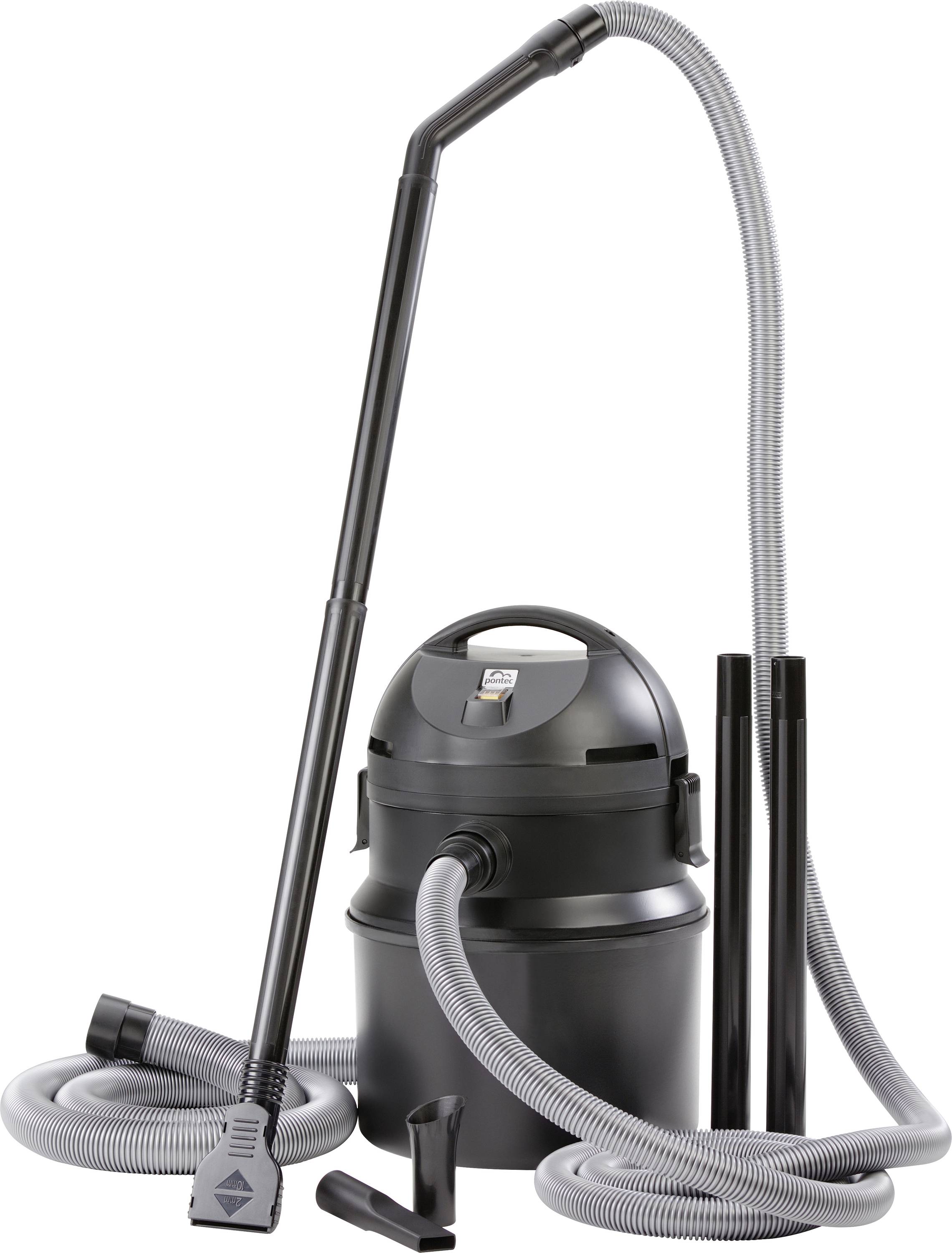 Črn, prenosljiv sesalnik z dolgim, fleksibilnim cevkom in različnimi nastavki, zasnovan za vsestranske čistilne naloge.
