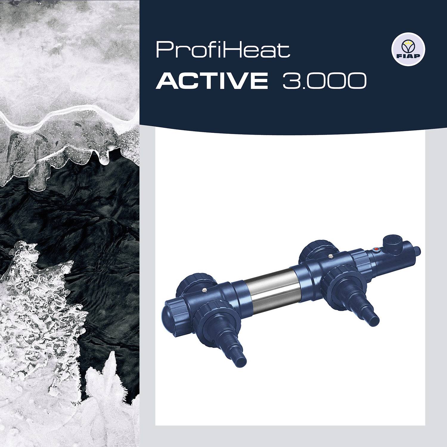 'ProfiHeat ACTIVE 3.000' prikazuje grelni element za bazene. Ozadje je delno zaledenelo, kar poudarja uporabo v hladnih pogojih.