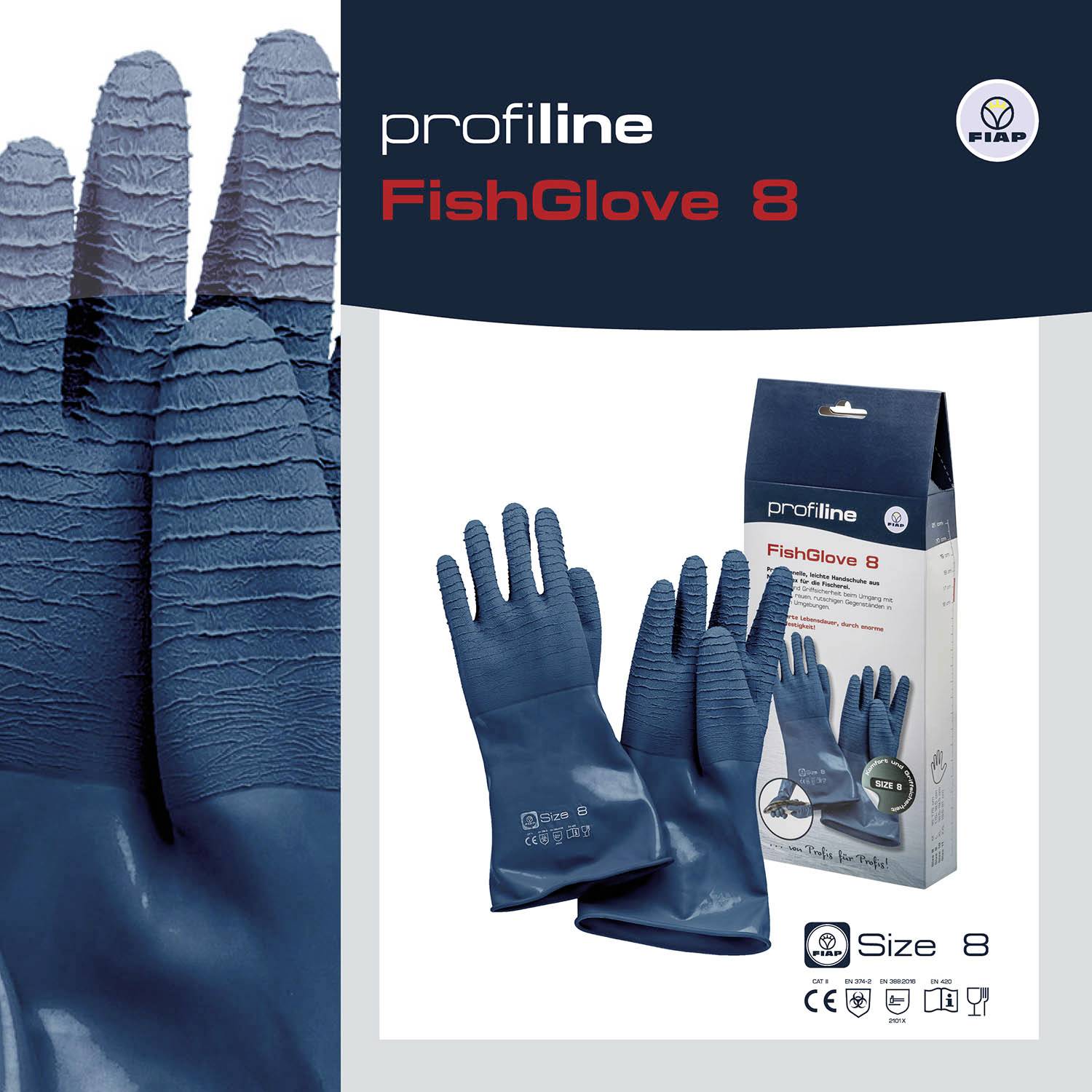 'FishGlove 8' delovne rokavice, modre, s strukturo ribjih lusk za boljši oprijem in zaščito, prikazane v embalaži.