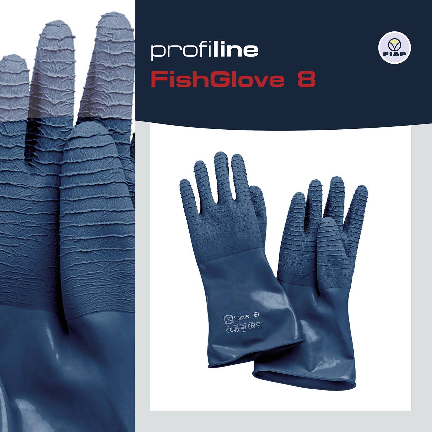 Modre zaščitne rokavice 'FishGlove 8' podjetja Fiar, primerne za profesionalne uporabe. Logotip blagovne znamke zgoraj desno.
