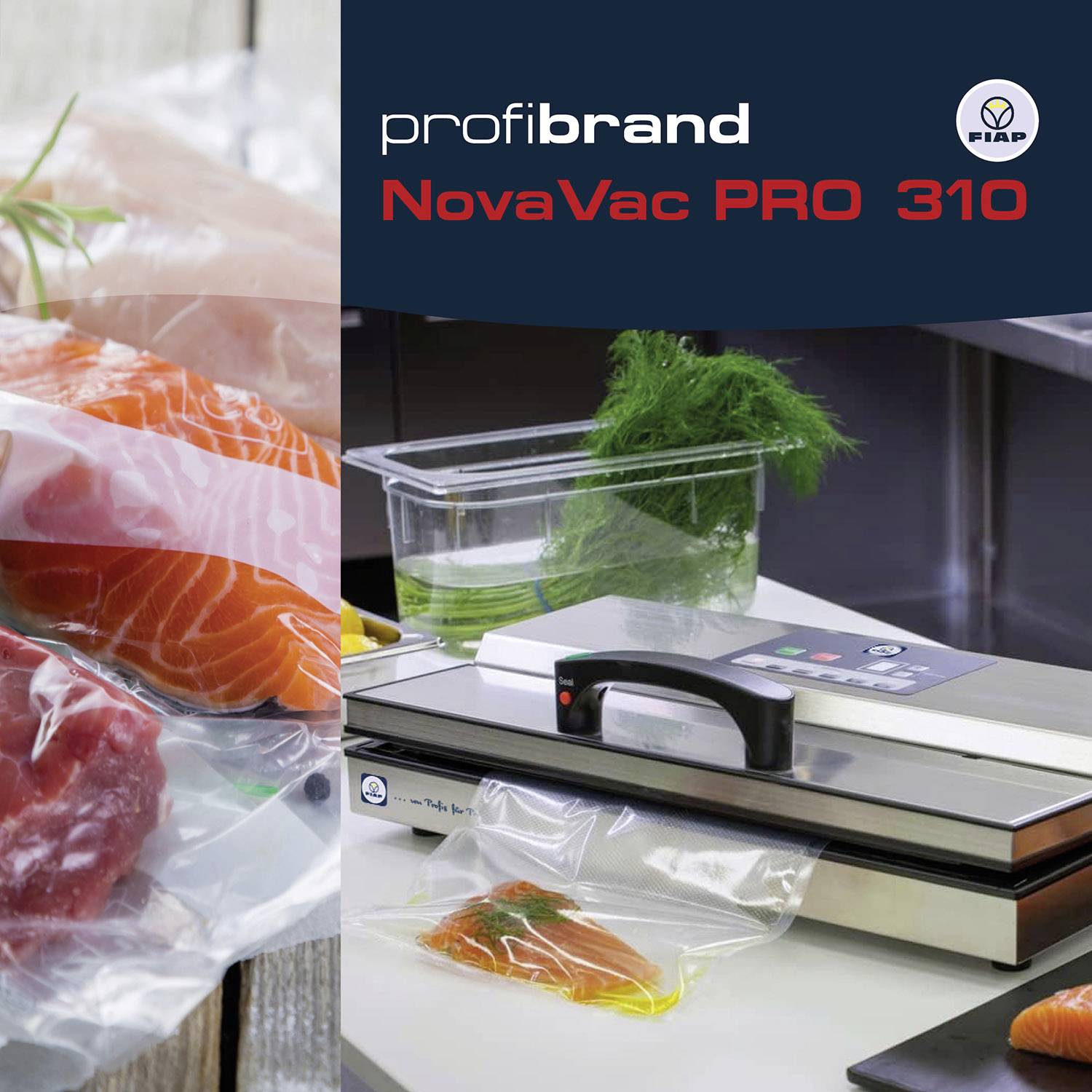 Vakuumski aparat 'NovaVac PRO 310' pri vakuumiranju lososa. Plastična vrečka v vakuumski komori. Kuhinjska delovna plošča v ozadju.