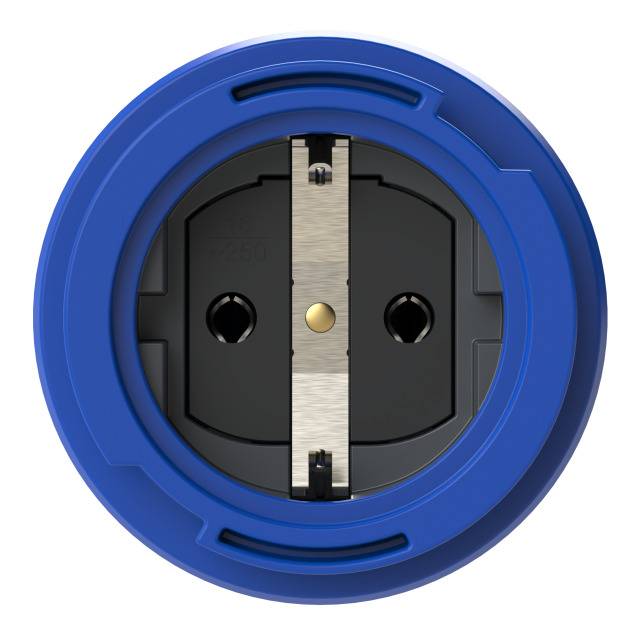Moder okrogel adapter z dvema priključkoma in simetričnim dizajnom na sredini. Uporablja se za evropske električne naprave.