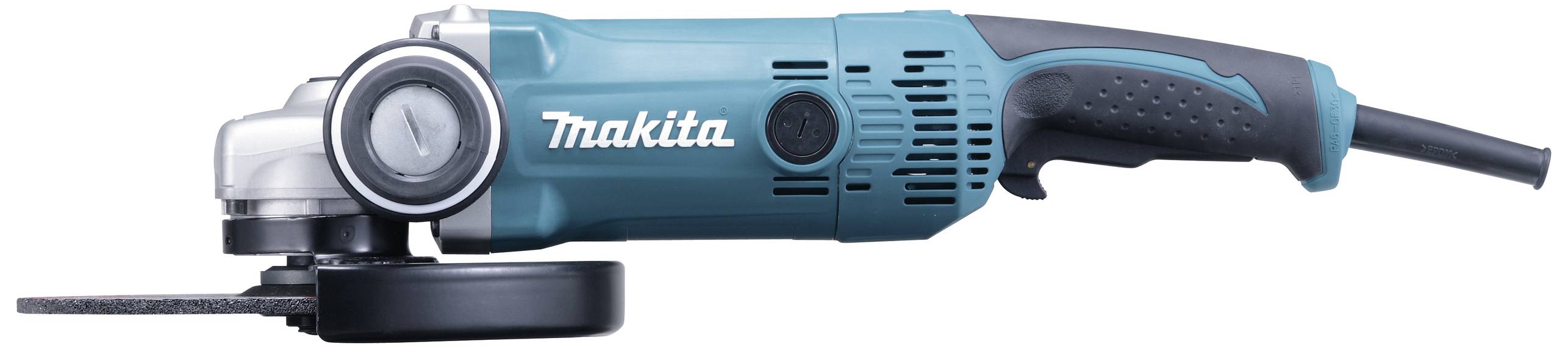 Moder kotni brusilnik znamke Makita z ergonomskim ročajem in zaščitnim pokrovom leži na strani. Idealen za obdelavo kovin.