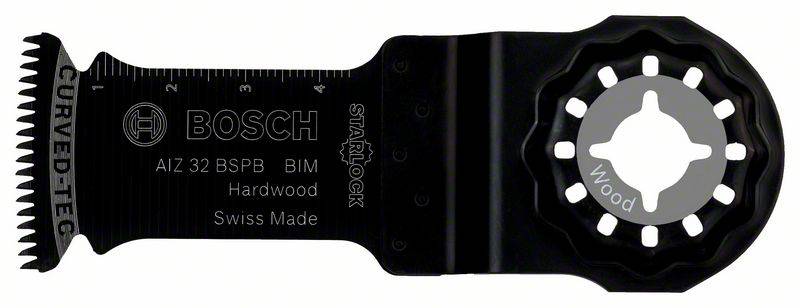 Večfunkcijsko žagino rezilo Bosch, model AIZ 32 BSPB, primerno za trdi les, Swiss Made, kovinski nastavljivi obroč z oznako 'Wood'.