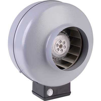 Okrogel siv ventilator z vidnim rotorjem na sredini, nameščen na črni podstavek, pred belo ozadjem.