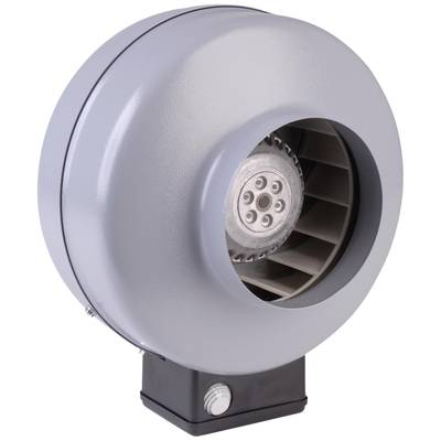 Siv, okrogel ventilator v ohišju. Vidna so rotorska krila v notranjosti. Električna priključna doza spodaj.
