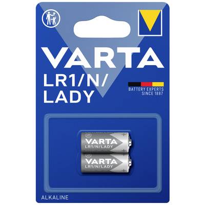 Bateriji VARTA LR1, dve alkalni bateriji v modri embalaži blister, logotip proizvajalca, strokovnjaki za baterije že od leta 1887.
