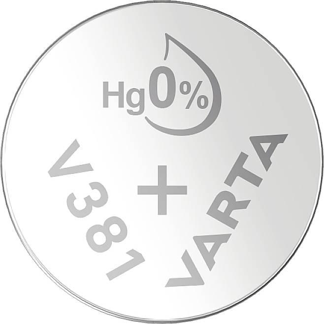 'VARTA' gumbasta baterija z napisom 'Hg 0%', modelna številka 'V381'. Brez vsebnosti živega srebra.