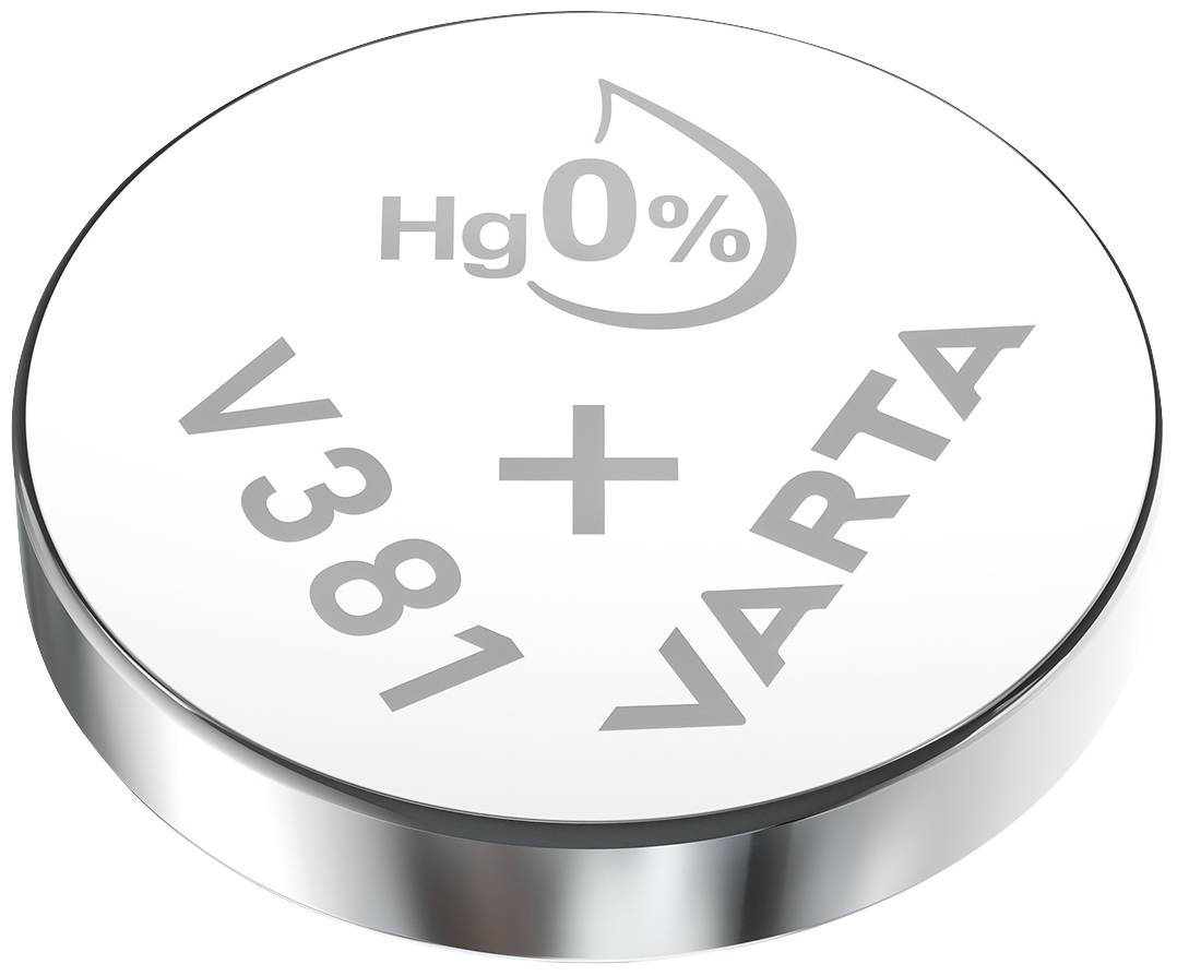 Okrogla srebrna baterija z napisom 'Hg 0%', 'V381' in 'VARTA'.