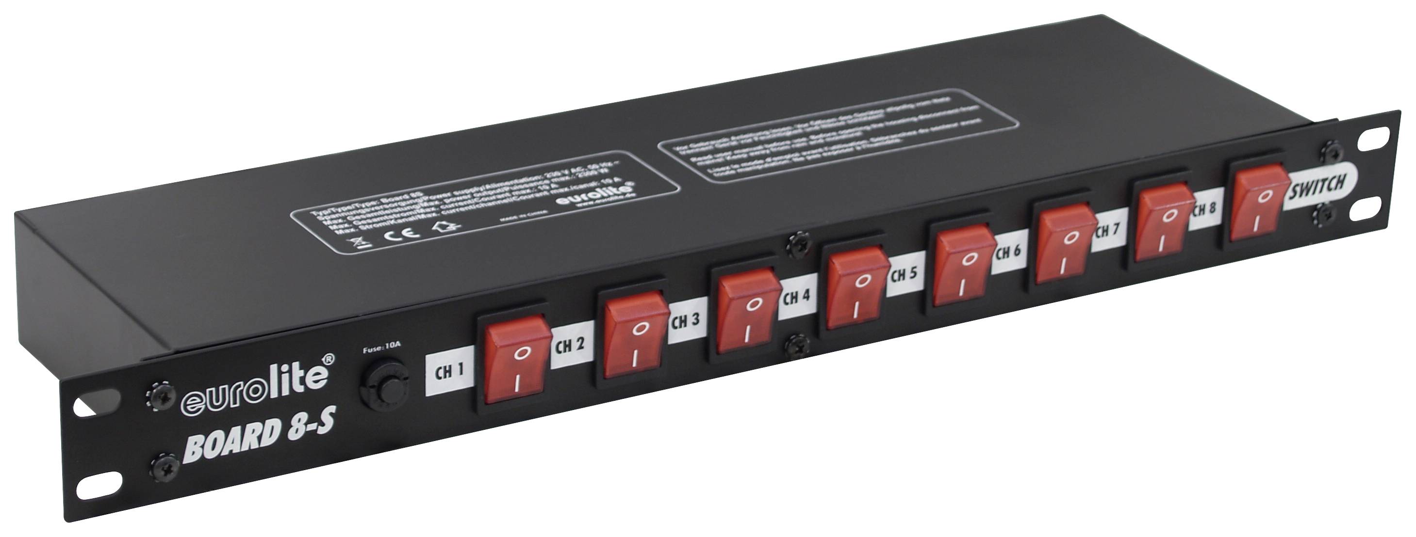 Črna kontrolna plošča z napisom 'Eurolite BOARD 8-S'. Osem preklopnih stikal, oštevilčenih od 1 do 8, in glavni stikalni gumb.