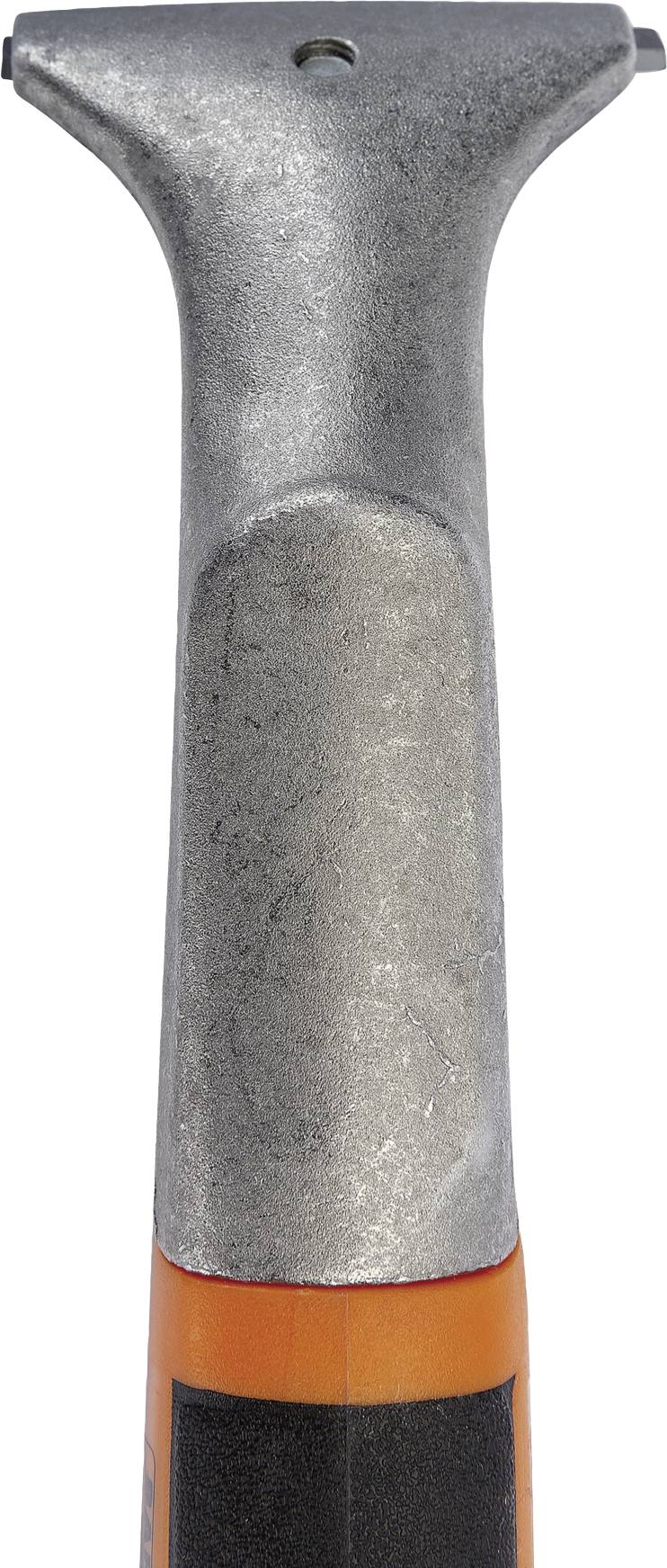 Bližnji posnetek kovinskega orodja z oranžnim ročajem. Verjetno brivski pripomoček ali nastavek za oblikovanje.