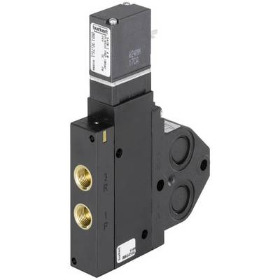 Črn, pravokoten magnetni ventil z dvema zlatima priključkoma in dvema velikima, okroglima odprtinama, izdelan od Bürkerta.