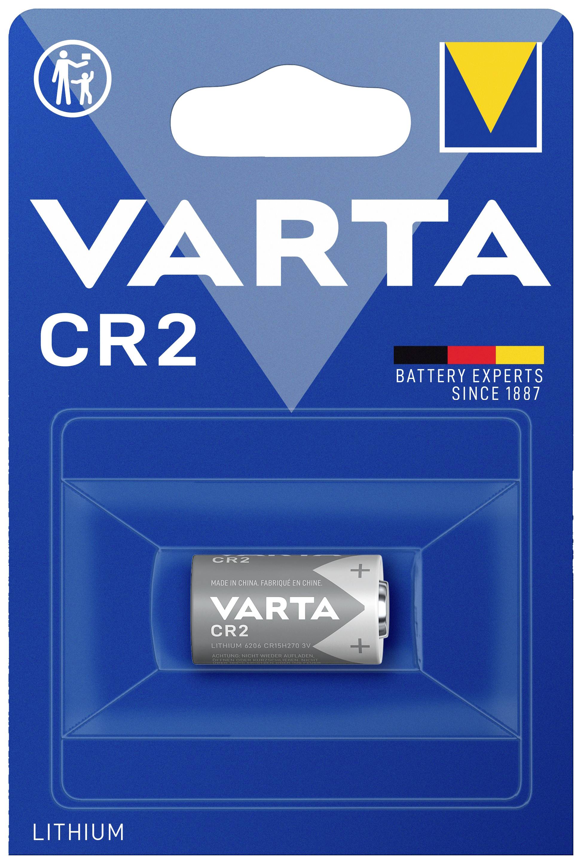 Baterija Varta CR2 litijeva v modri embalaži, poudarjeno z napisom 'BATTERY EXPERTS SINCE 1887'.