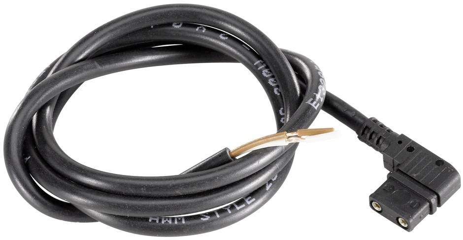 Črn električni kabel z odprtim žičnim koncem in kotnim vtičem; morda pokvarjen ali namenjen popravilu.