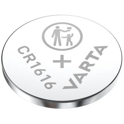 Baterija VARTA CR1616, srebrna, okrogla, s pozitivnim znakom. Simbol za varnost otrok zgoraj.
