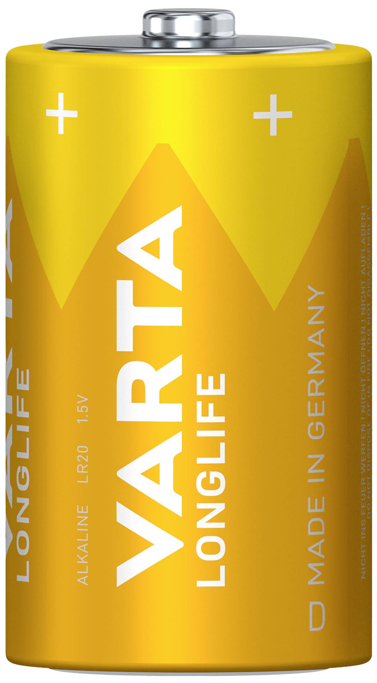 Rumena alkalna baterija znamke VARTA, tipa 'LONG LIFE', z 1,5V. Spodaj je natisnjen napis 'MADE IN GERMANY'.