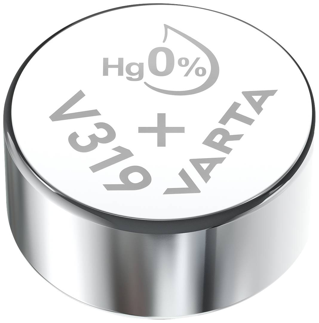 Okrogla srebrna baterija z napisom 'V319', '+' in 'Hg 0%', znamke 'Varta'.
