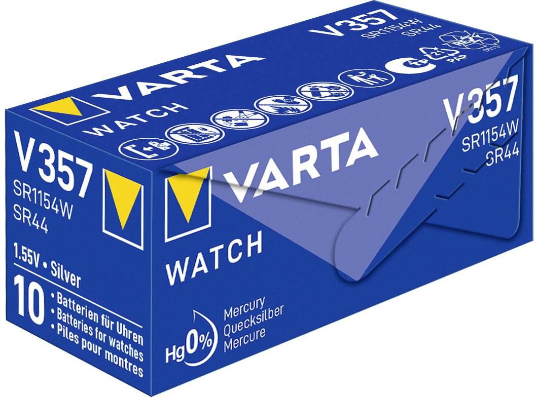 Modra škatla z napisom 'Varta Watch V357', vsebuje 10 srebrnih 1,55V baterij za ure. Brez živega srebra (Hg 0 %).