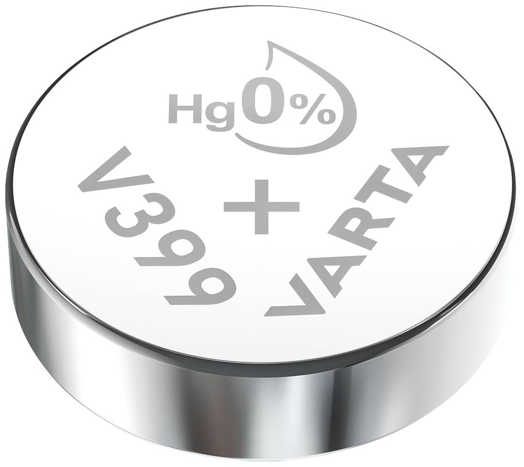 Okrogla baterija gumbne celice, napis 'Hg 0%', 'V399', 'VARTA', brez živega srebra, sijoča površina.