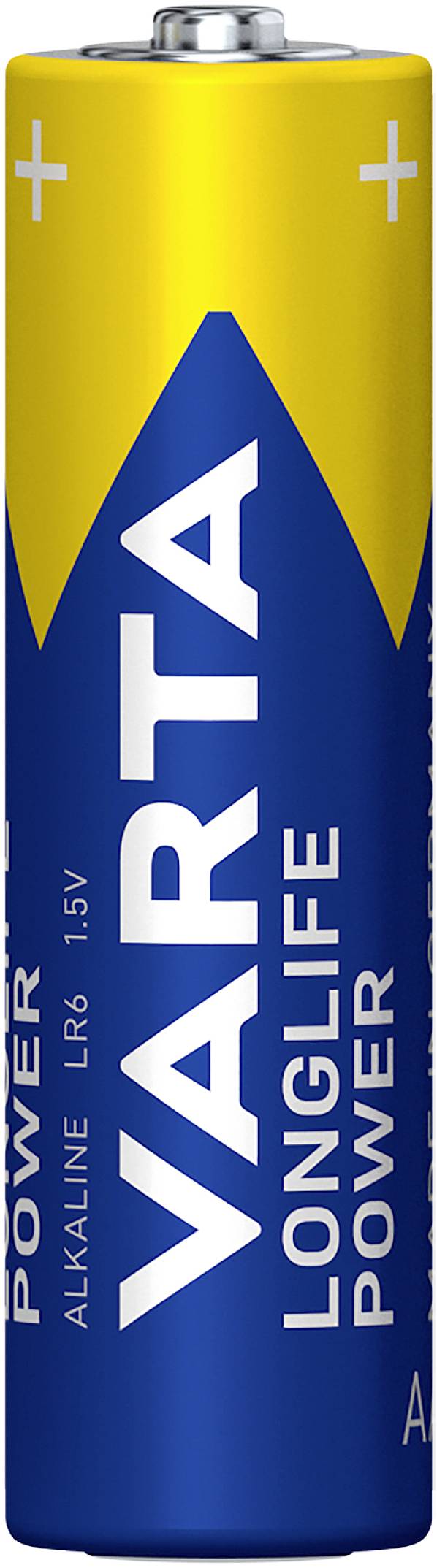 Varta AA baterija z rumeno-modrim dizajnom, označena z 'Longlife Power' in 'Alkaline LR6 1.5V'.