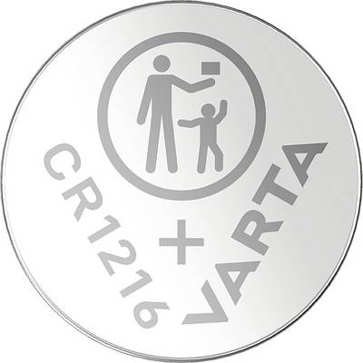 Srebrna gumbna baterija z napisom 'CR1216 VARTA'. Nad napisom je simbol odraslega in otroka.
