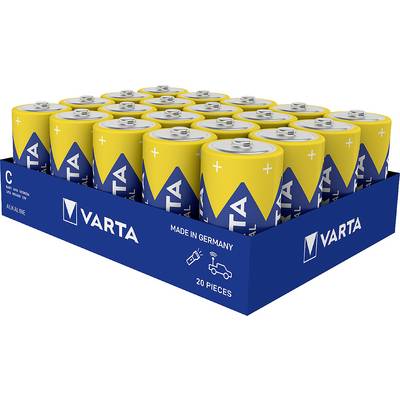 Pakiranje z 20 rumenimi Varta C baterijami v modri škatli. Napis 'Varta' in 'Made in Germany'. Alkalne, 1,5V.