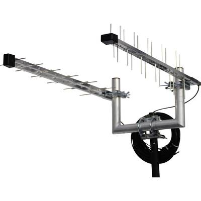 Yagi antena s kovinskimi elementi, nameščena na drogu, za sprejem radijskih signalov. V ozadju je viden kabel.