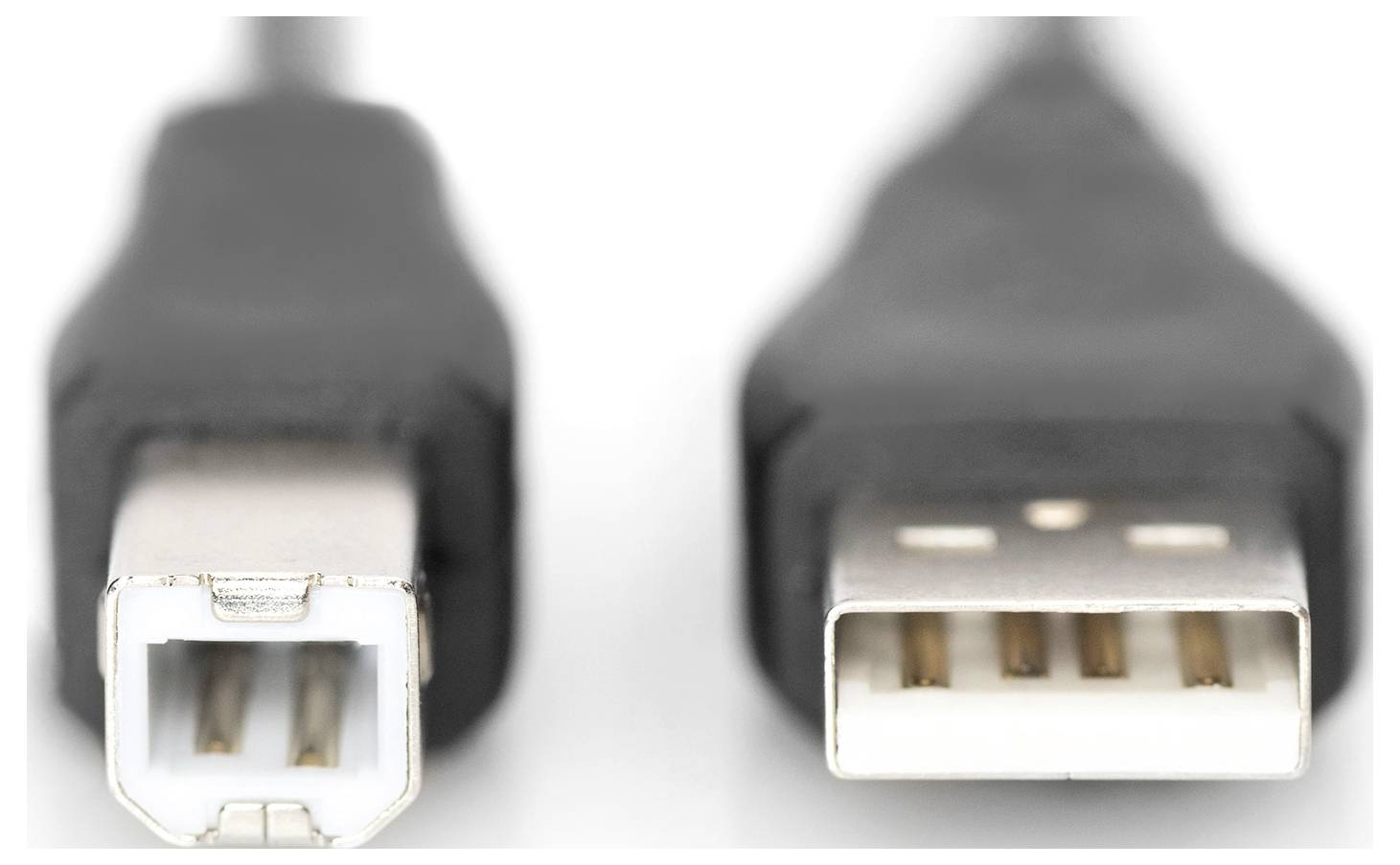 Dva USB-priključka: levo kvadraten USB-B priključek, desno pravokoten USB-A priključek, oba z černimi kabli.