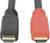 Dva HDMI-kabla s črnimi in rdečimi priključki.