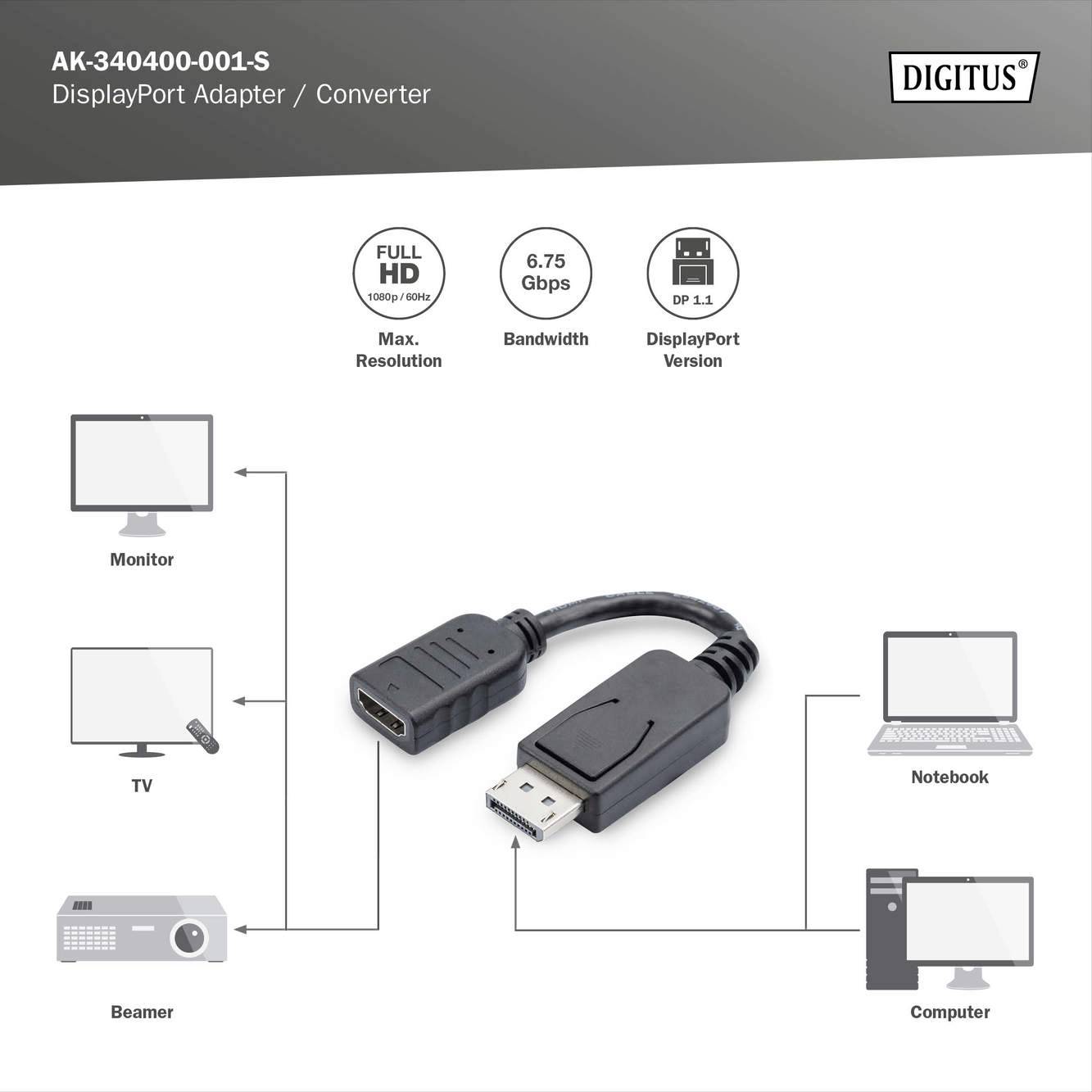 DisplayPort adapter/pretvornik prikazuje možnosti priključitve: monitor, projektor, TV, prenosnik, računalnik. Podpira Full HD in DisplayPort 1.1.