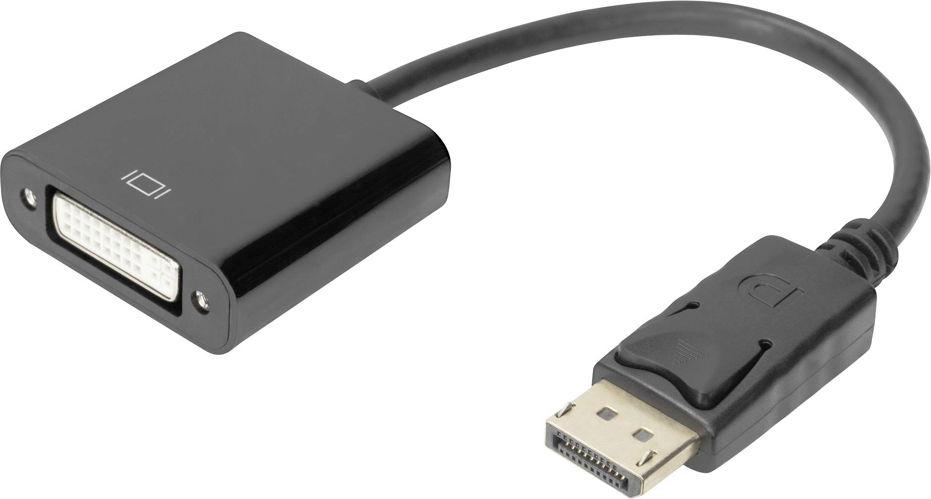 Črn adapter kabel z vtičem DisplayPort na eni strani in priključkom DVI na drugi strani.