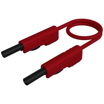 Rdeč električni kabel z dvema črnima vtikačema, ki tvori zanko. Primeren za povezovanje električnih komponent.
