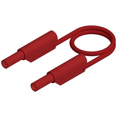 Rdeč bananasti kabel v zanki, tipično električno orodje za povezovanje naprav pri testiranju ali meritvah.