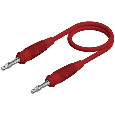 Rdeč bananasti kabel z dvema vtičema, ki se uporablja za električne povezave ali preizkuse.