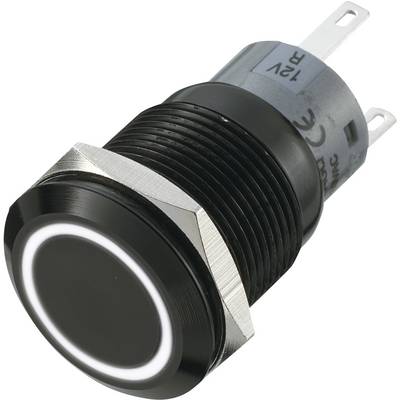 'Črn pritisni gumb z okroglo LED osvetlitvijo in kovinskim vijačnim priključkom, primeren za 12 V aplikacije.'